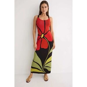 ALA de la CRUZ Camellia Maxi Dress Floral Print Red Black Green Sleeveless small